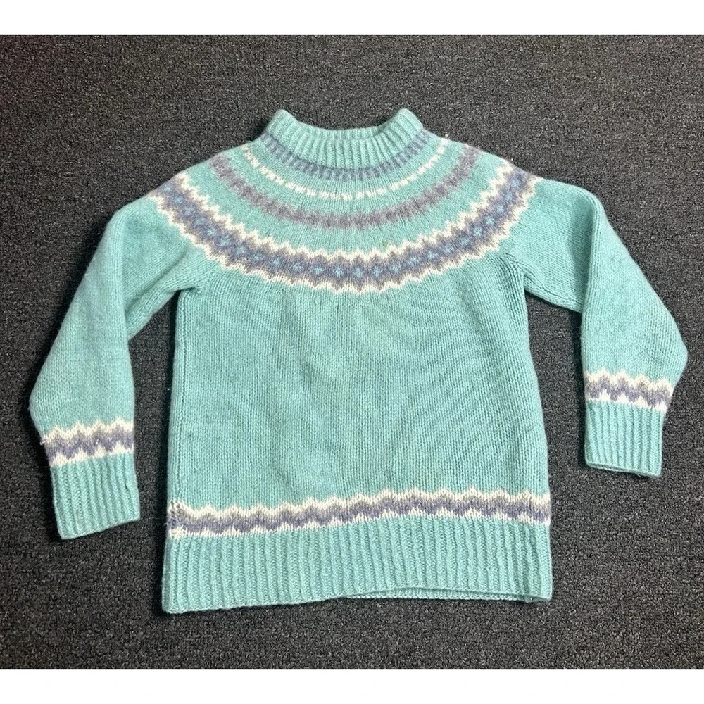 Vintage Woodstock By Bernard Wool Fair Isle Sweater Teal Womens 38 Hand Knit‎
